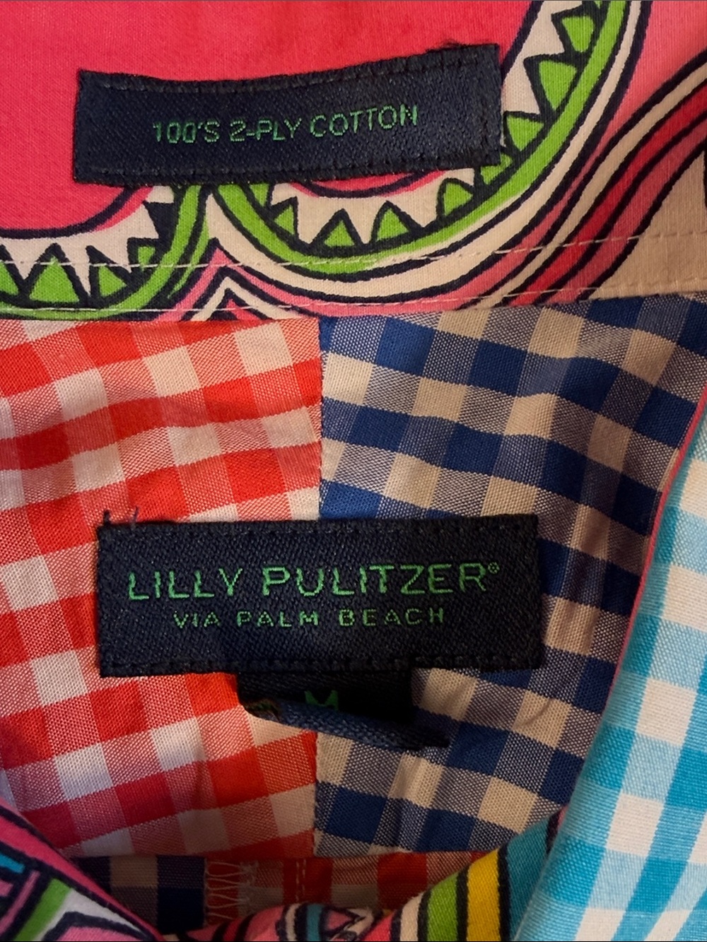 Lilly Pulitzer via Palm Beach Colorblock Gingham Button-Down Shirt Blue, Pink M - Picture 2 of 9